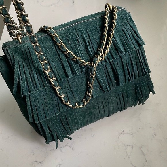 Tory Burch suede fringe leather bag in forest green - Picture 1 of 17
